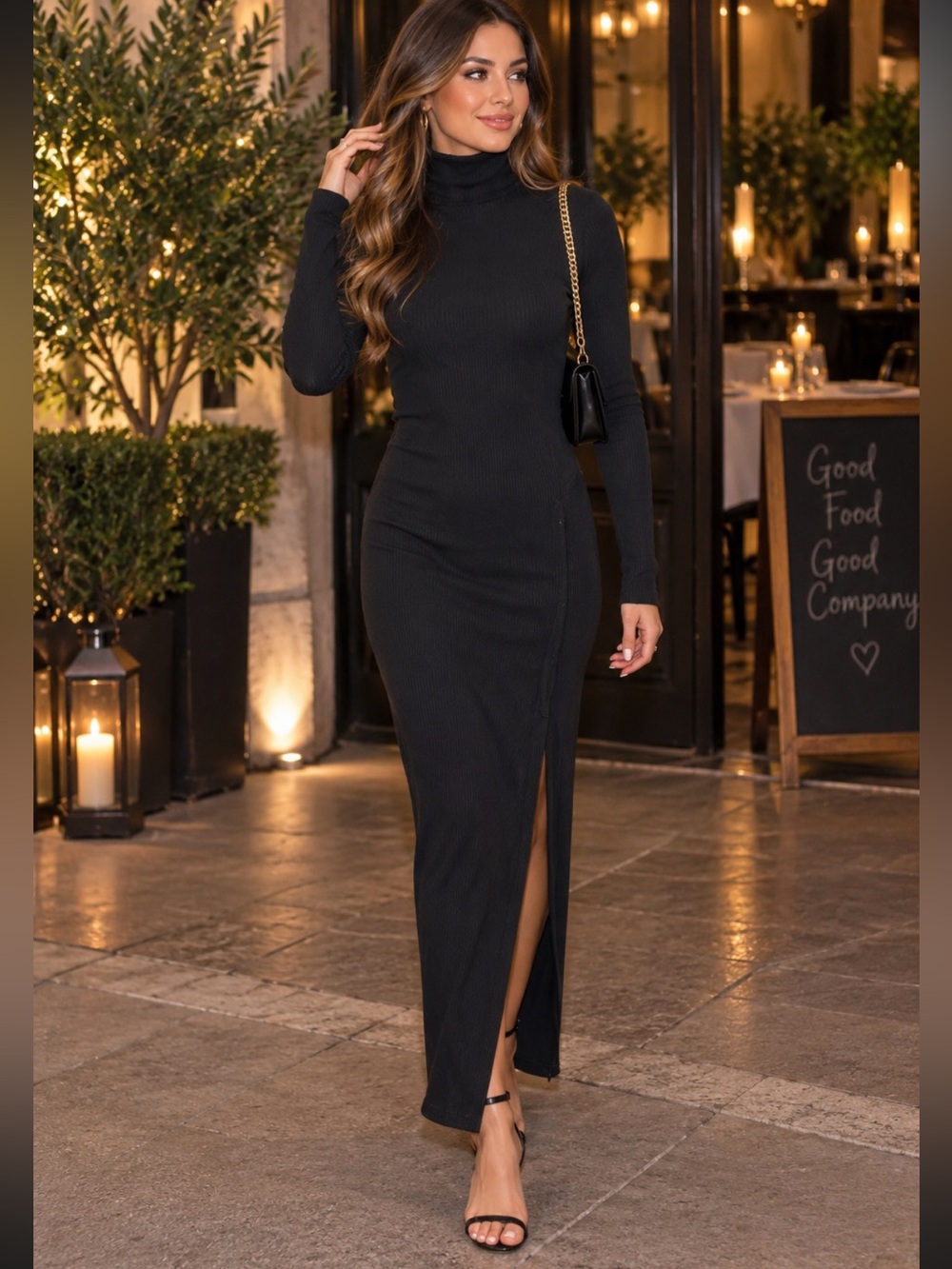 Twenty Montreal Black Long Sleeve Waffle Knit Mock High Neck Slit Dress NWT XS